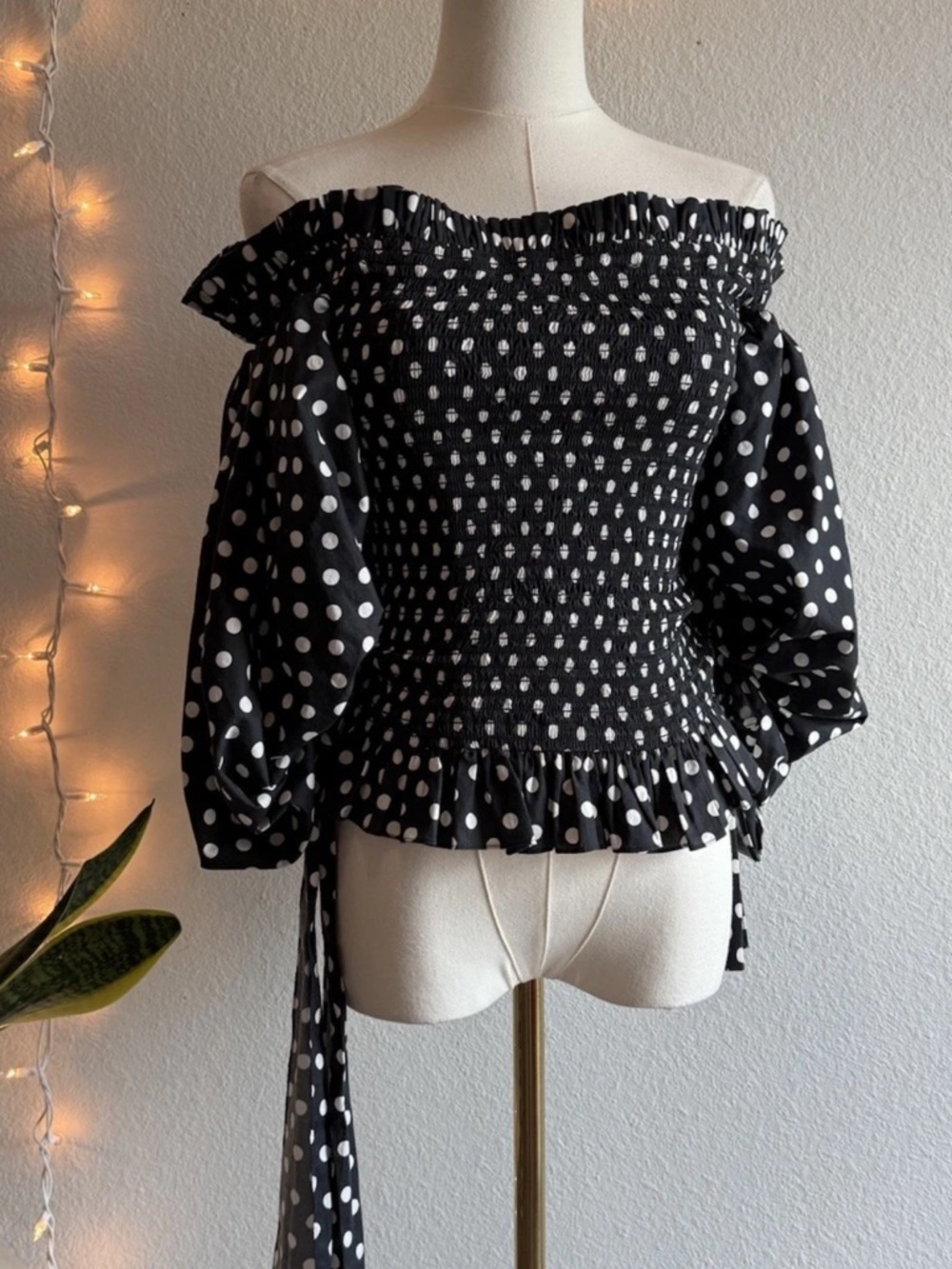 Caroline Constas Finley Blouse Women’s Size Small Puff Sleeve Smocked Polka Dot
